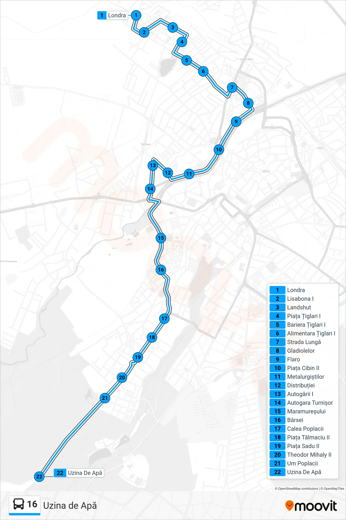 16 bus Line (Uzina de Apă) route and stops on a map