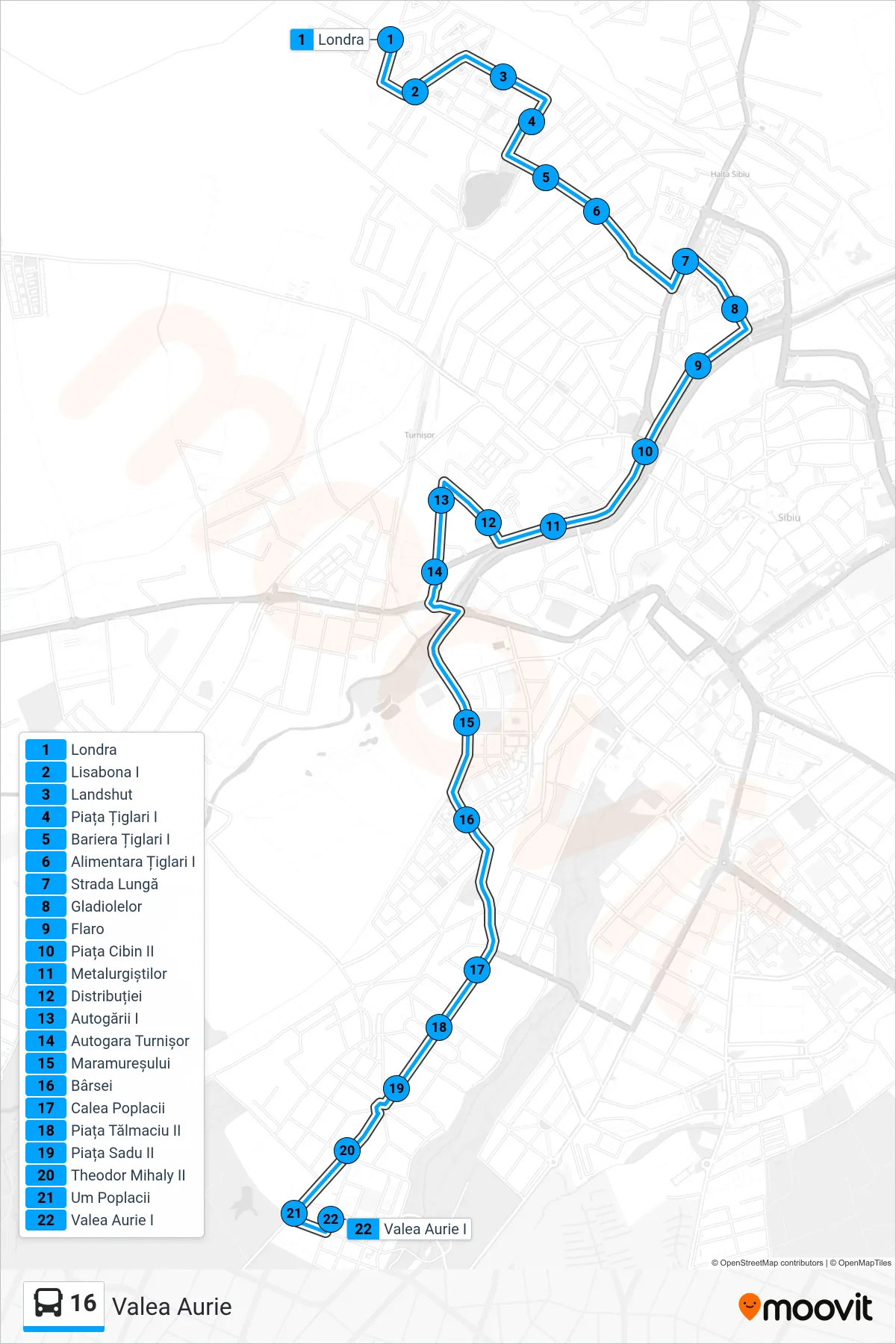 Linia autobuz 16 (Valea Aurie) - traseu și stații pe hartă