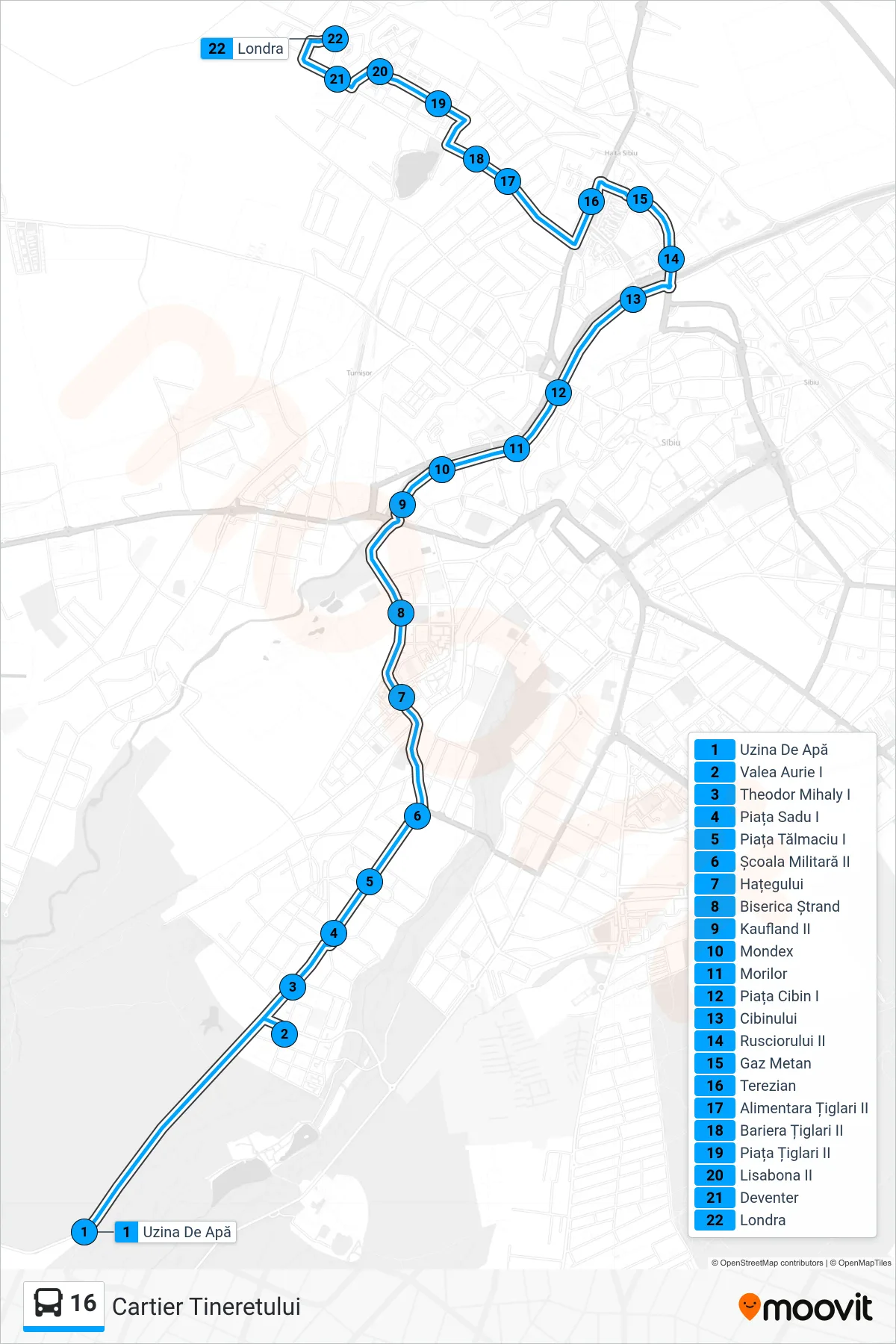 16 bus Line (Cartier Tineretului) route and stops on a map