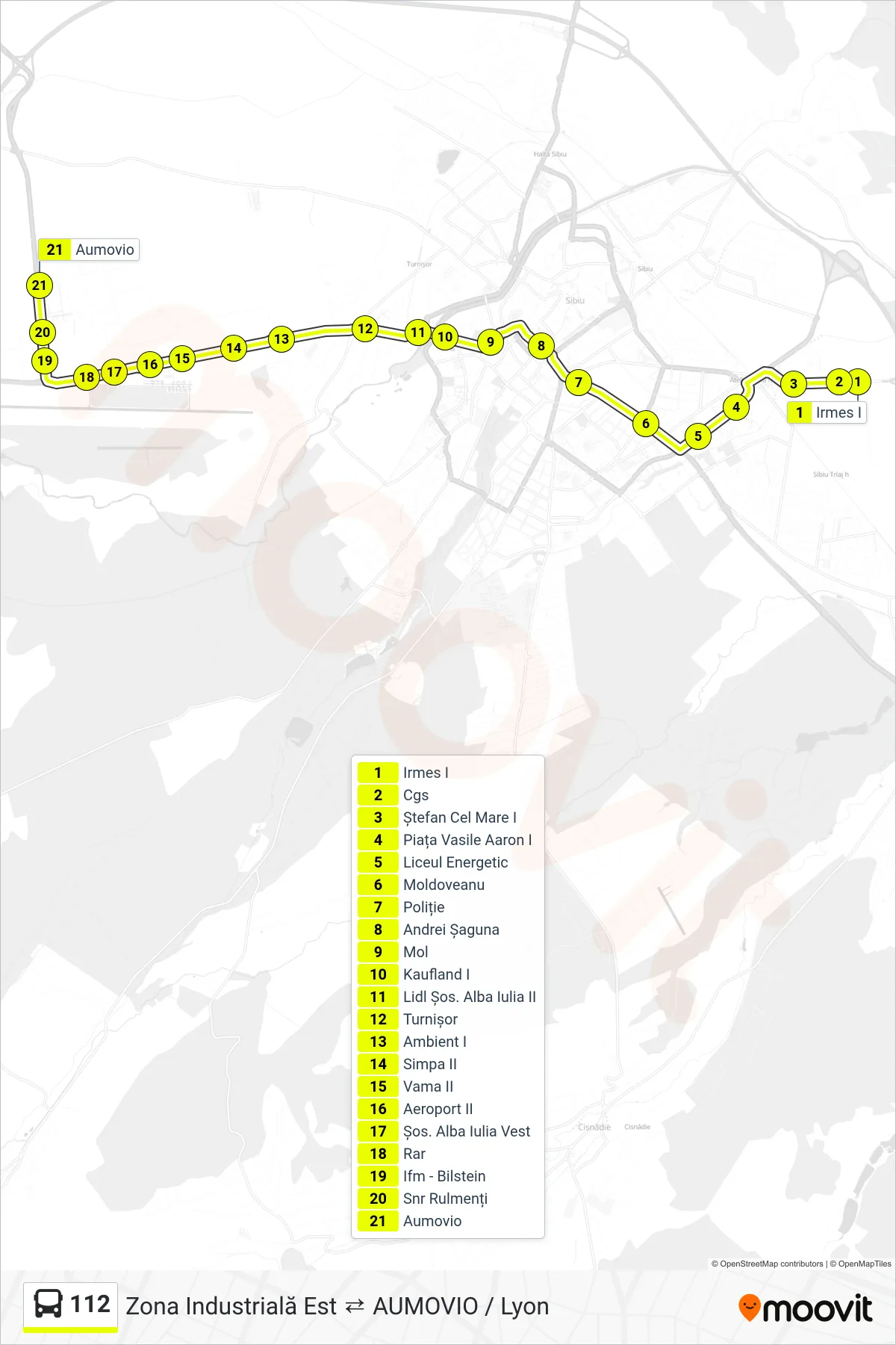 112 bus Line (AUMOVIO) route and stops on a map