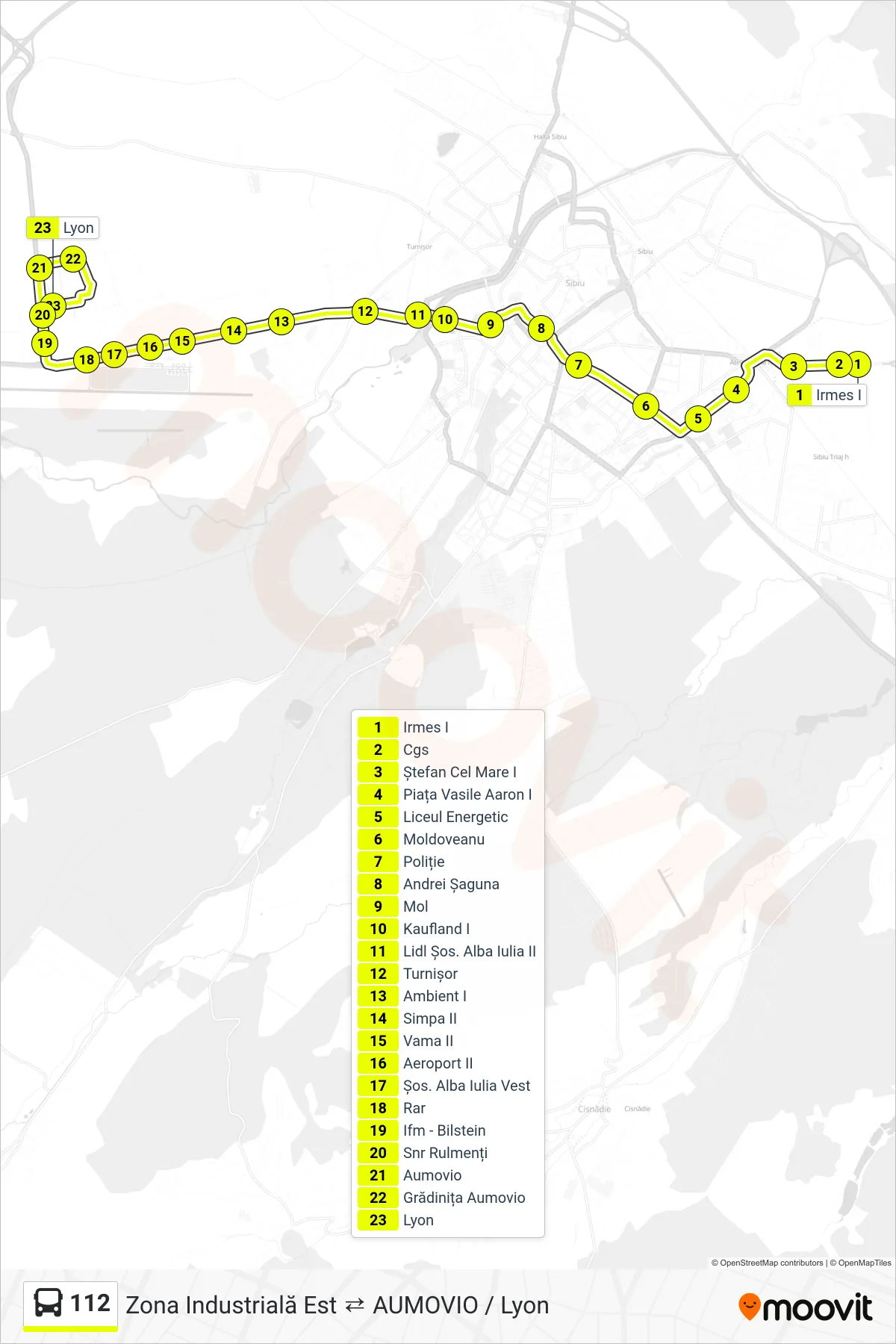 Linia autobuz 112 (Lyon) - traseu și stații pe hartă