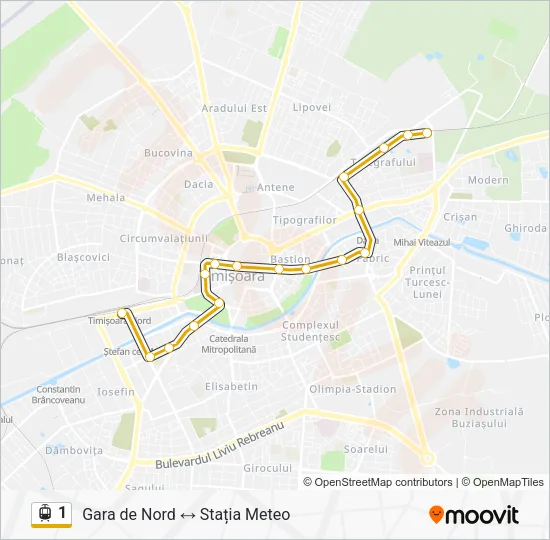 Hartă linie tramvai 1
