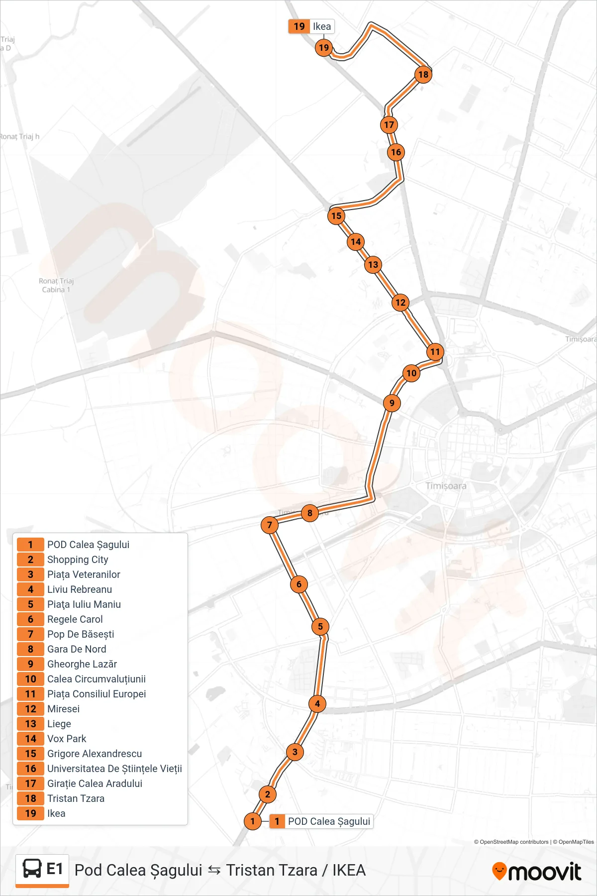 Linia autobuz E1 (Pod Calea Șagului → IKEA) - traseu și stații pe hartă