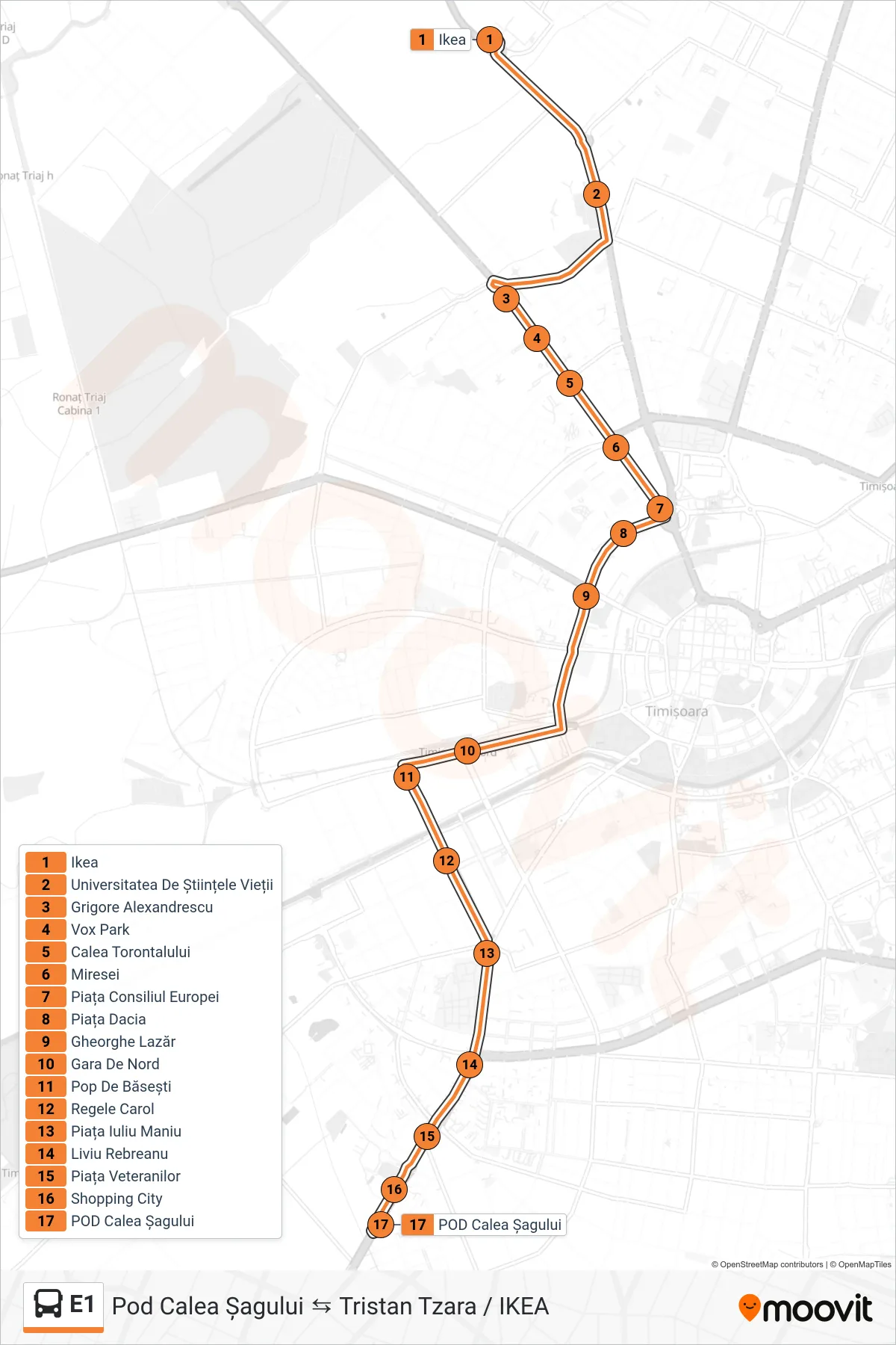 Linia autobuz E1 (IKEA → Pod Calea Șagului) - traseu și stații pe hartă
