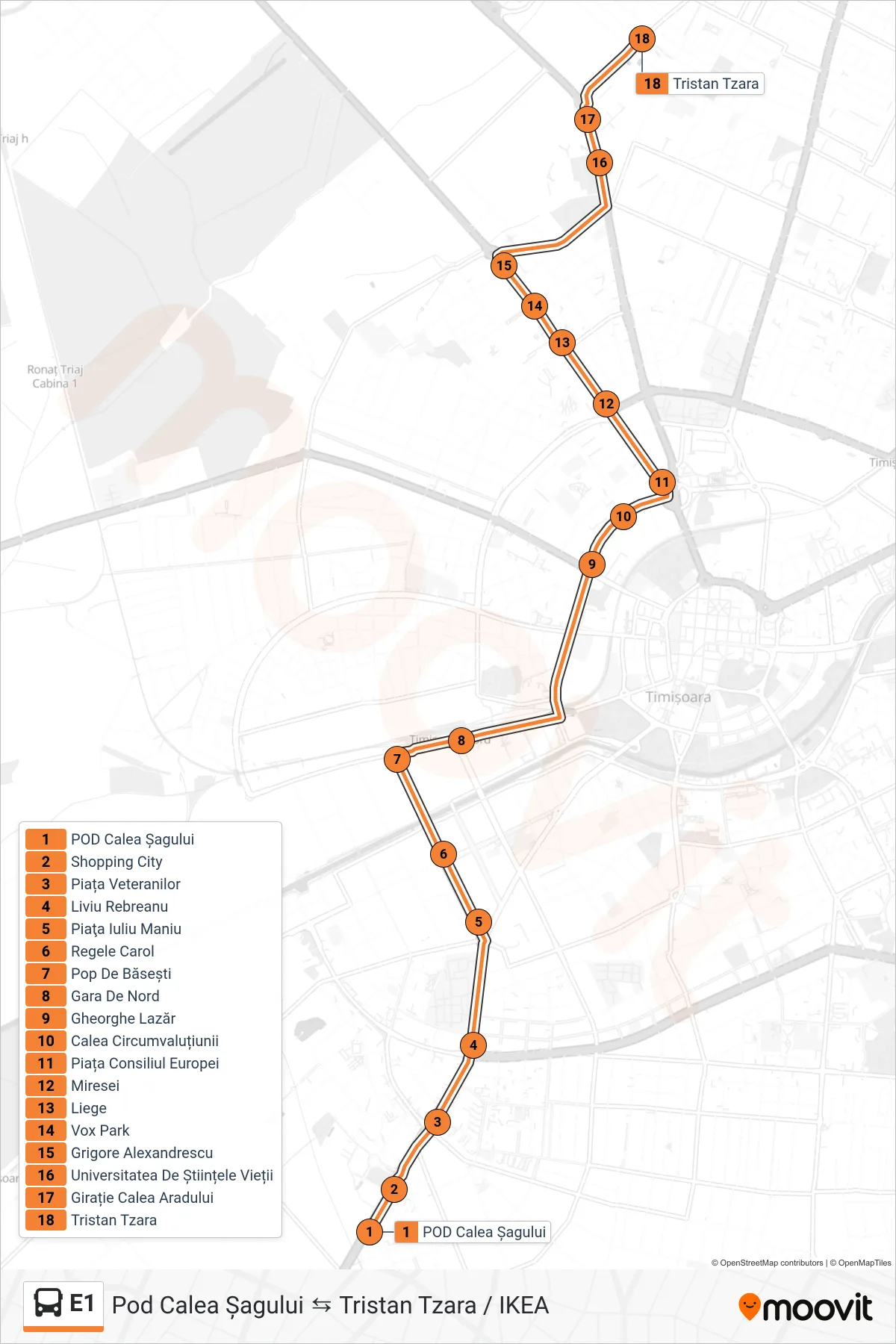 E1 bus Line (Pod Calea Șagului → Tristan Tzara) route and stops on a map
