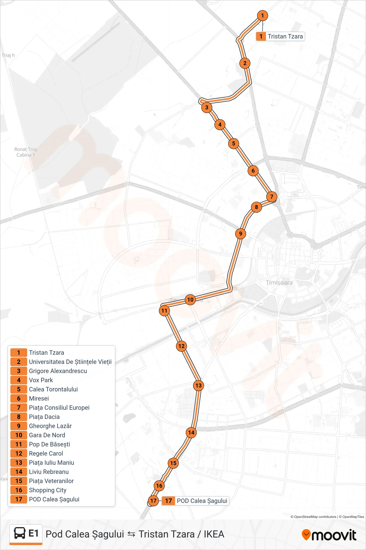 Linia autobuz E1 (Tristan Tzara → Pod Calea Șagului) - traseu și stații pe hartă