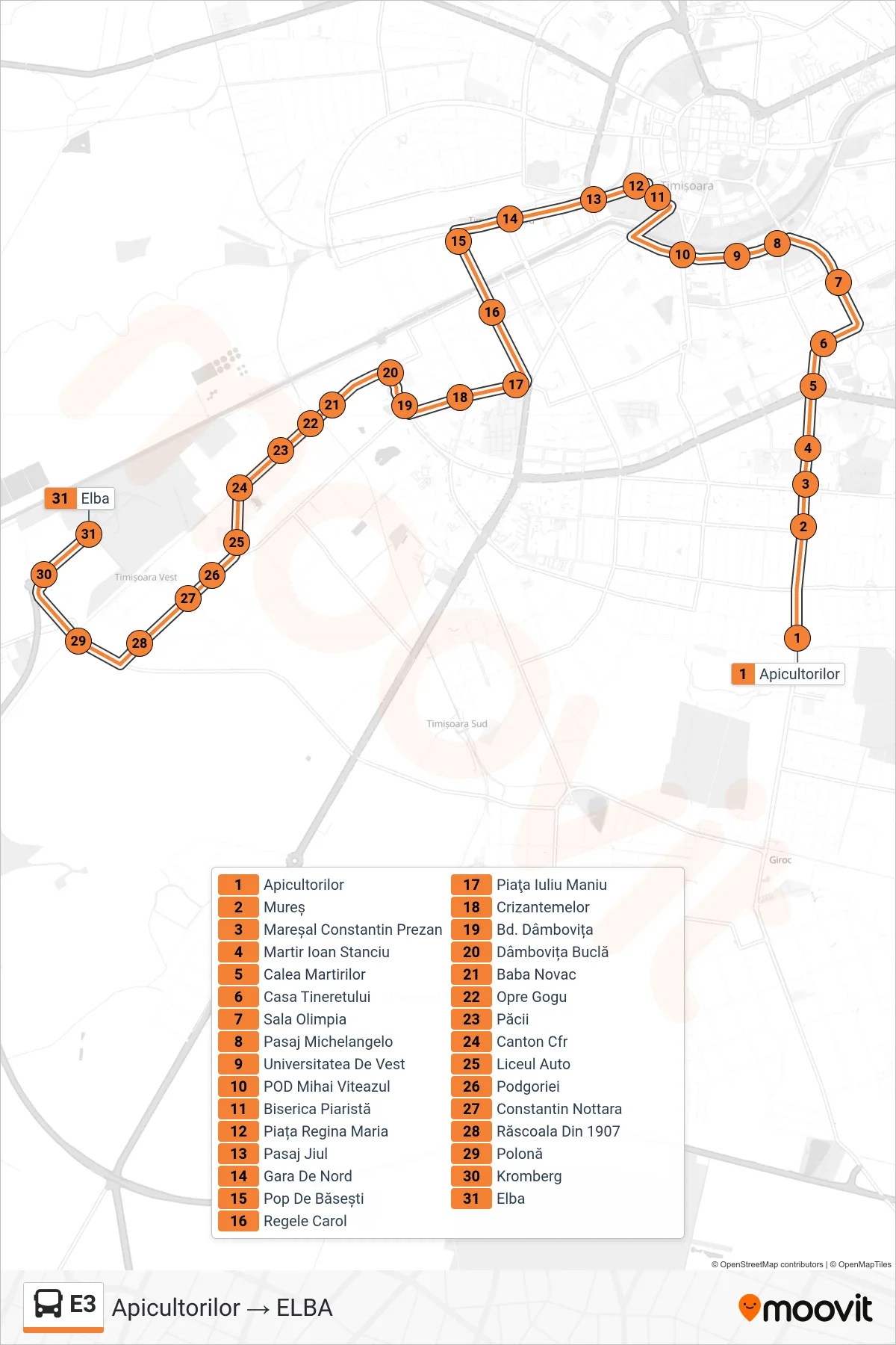 Linia autobuz E3 (Apicultorilor → ELBA) - traseu și stații pe hartă