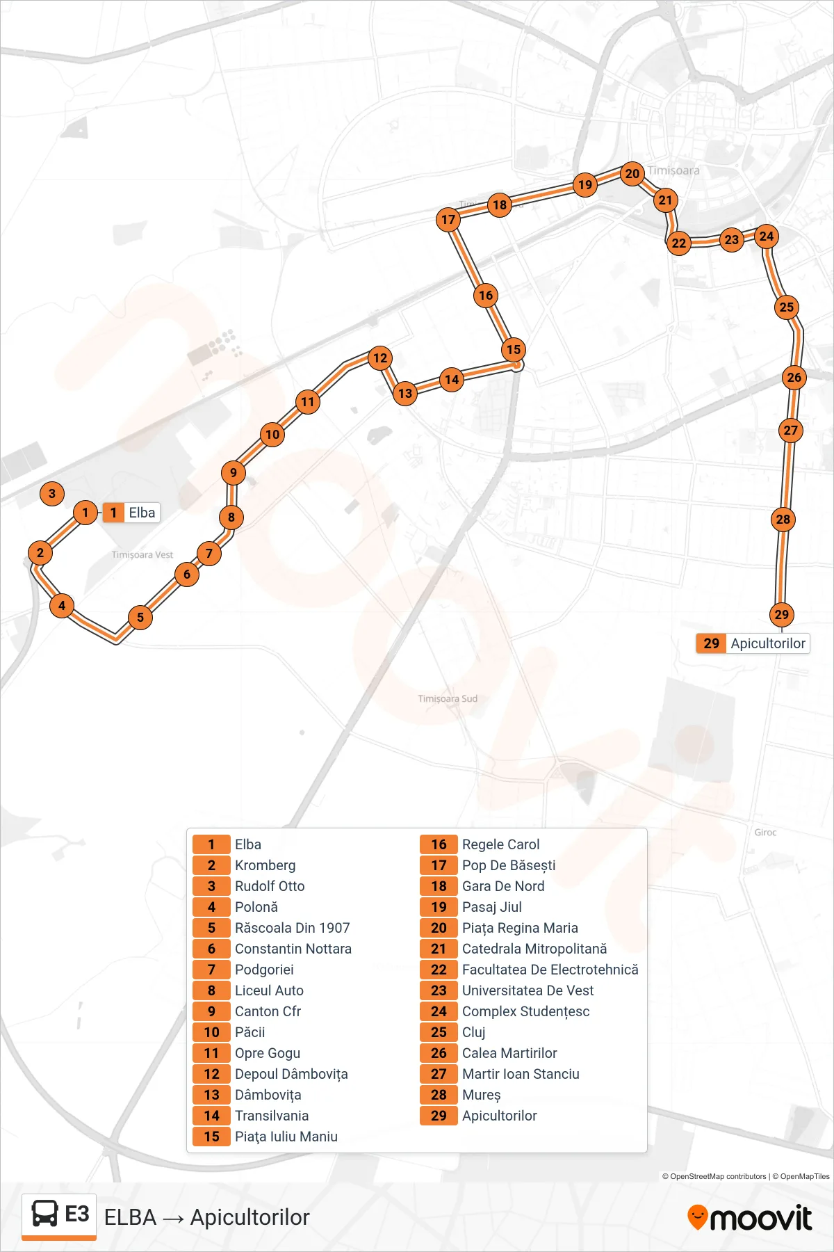 E3 bus Line (ELBA → Apicultorilor) route and stops on a map