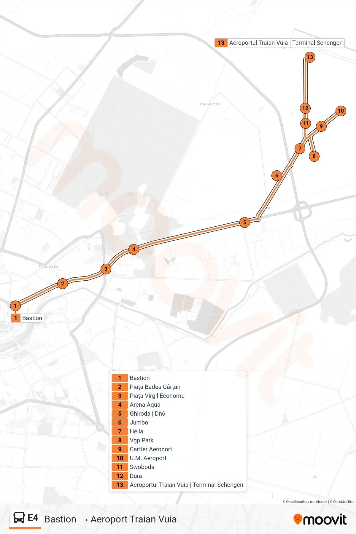 Linia autobuz E4 (Bastion → Aeroport Traian Vuia) - traseu și stații pe hartă