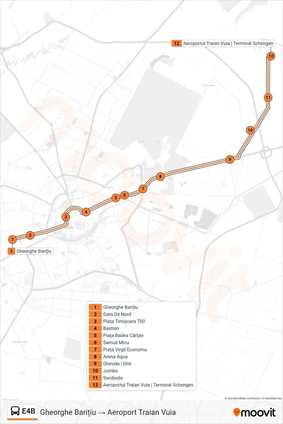Linia autobuz E4B (Gheorghe Barițiu → Aeroport Traian Vuia) - traseu și stații pe hartă