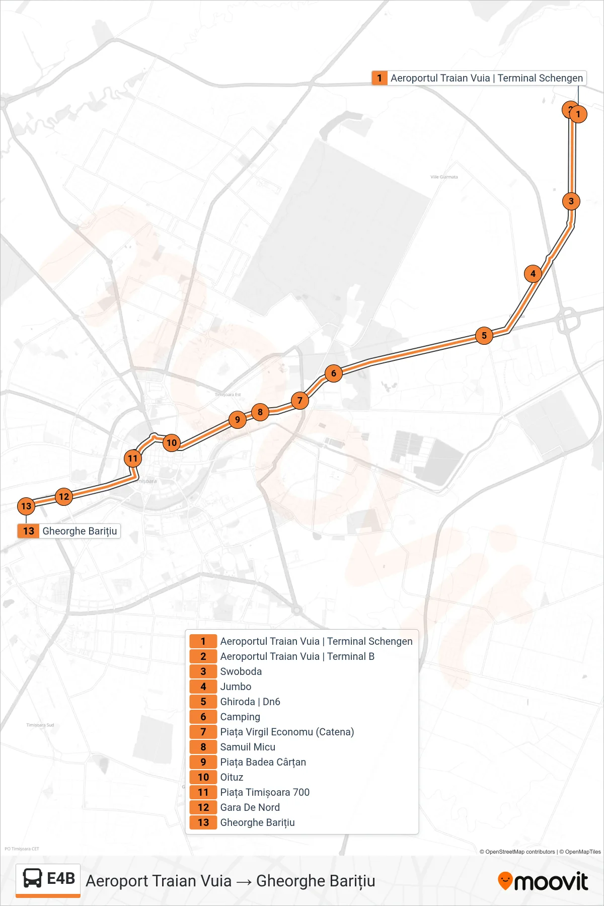 Linia autobuz E4B (Aeroport Traian Vuia → Gheorghe Barițiu) - traseu și stații pe hartă