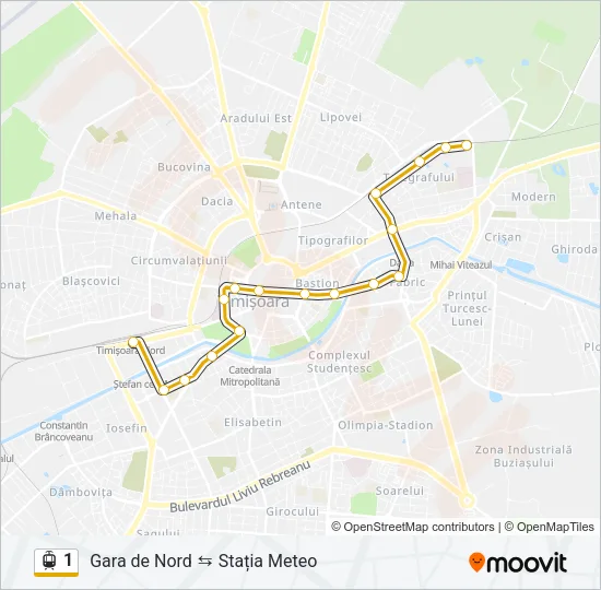 Hartă linie tramvai 1