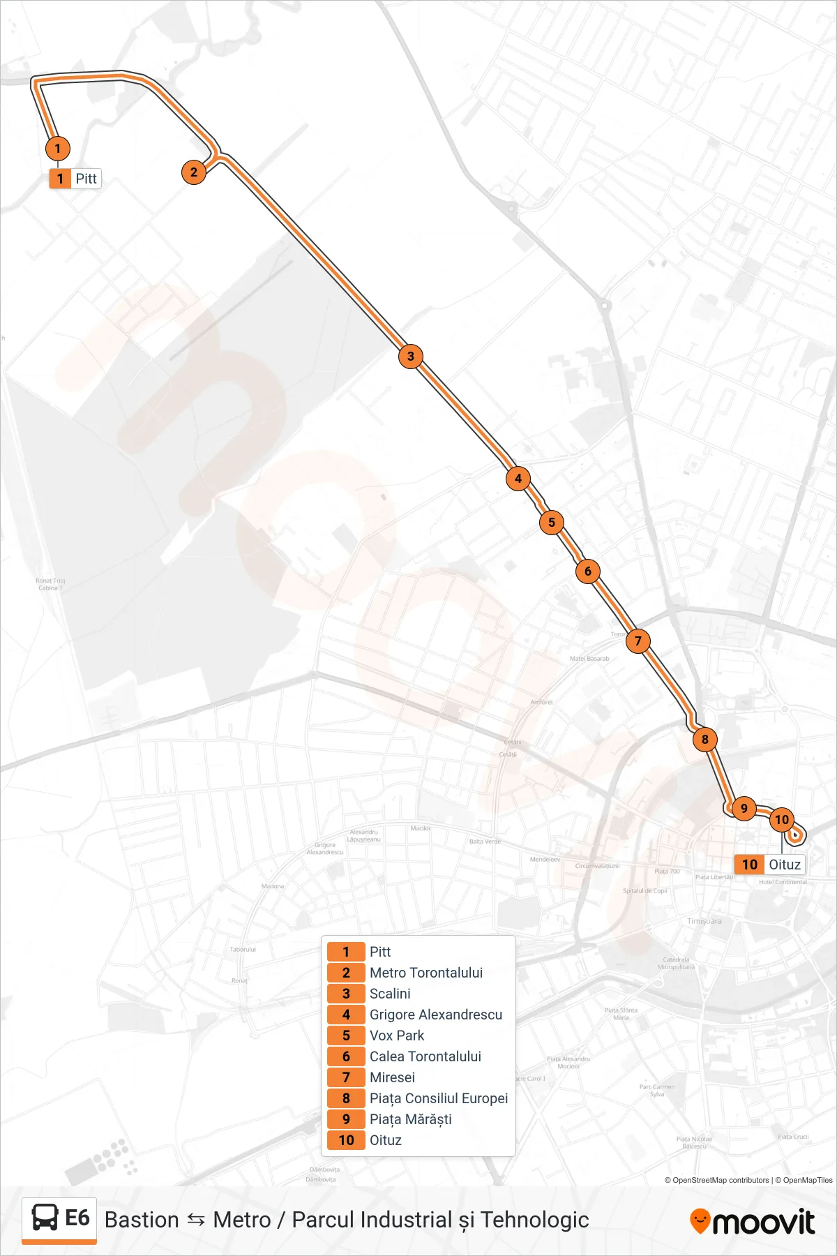 E6 bus Line (Parcul Industrial și Tehnologic → Bastion) route and stops on a map
