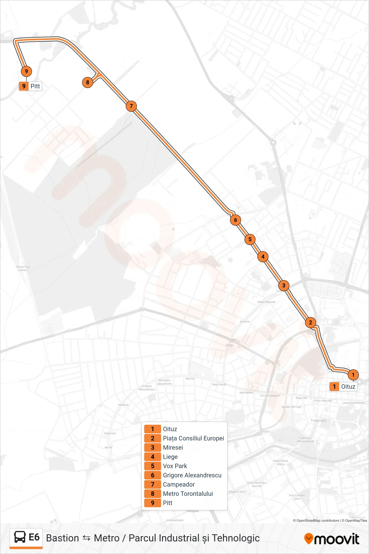 E6 bus Line (Bastion → Parcul Industrial și Tehnologic) route and stops on a map