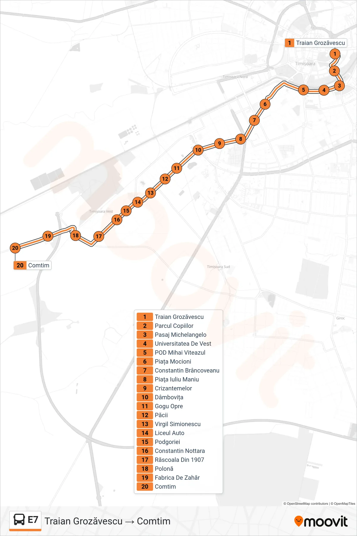 Linia autobuz E7 (Traian Grozăvescu → Comtim) - traseu și stații pe hartă
