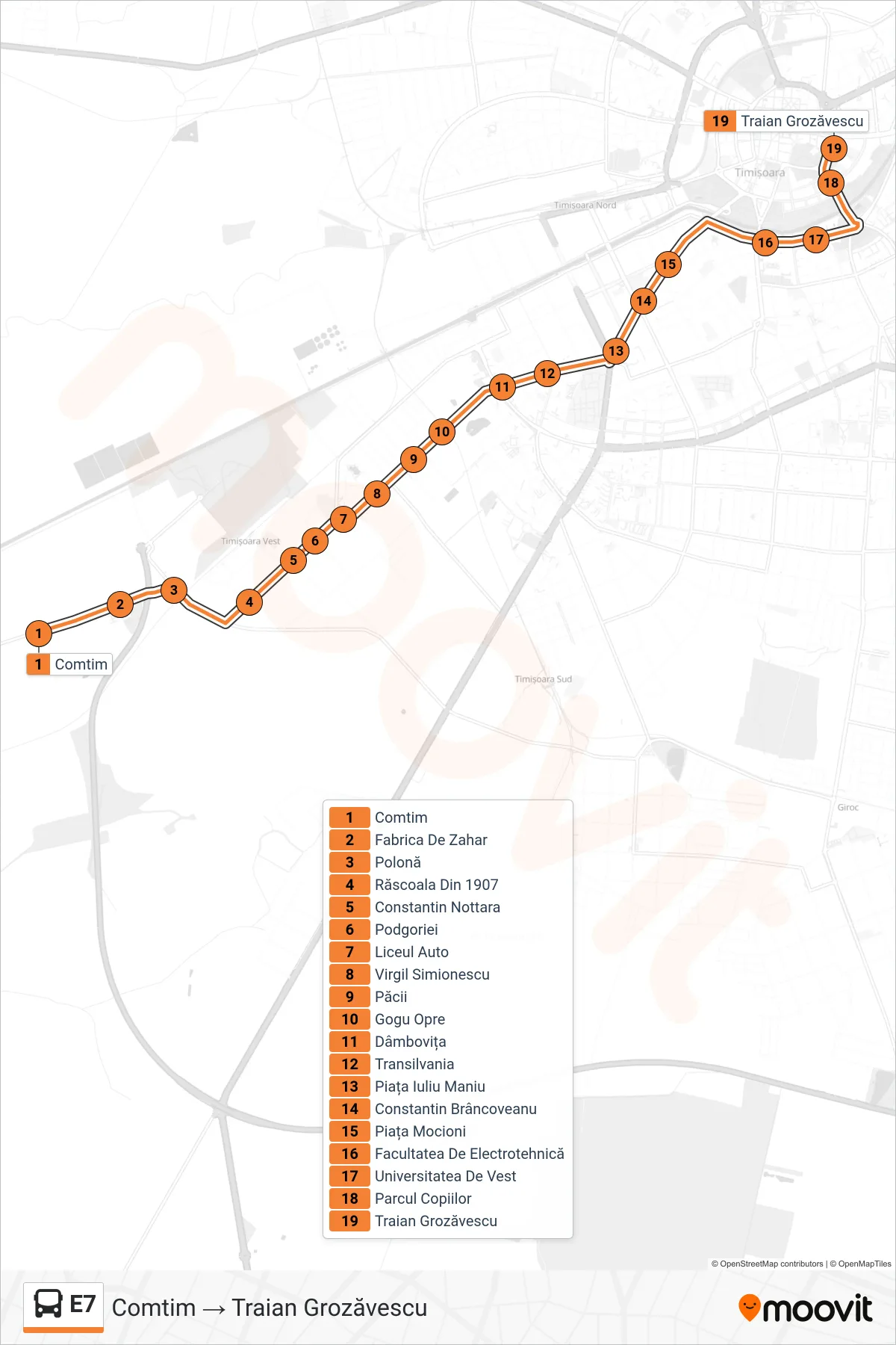 Linia autobuz E7 (Comtim → Traian Grozăvescu) - traseu și stații pe hartă