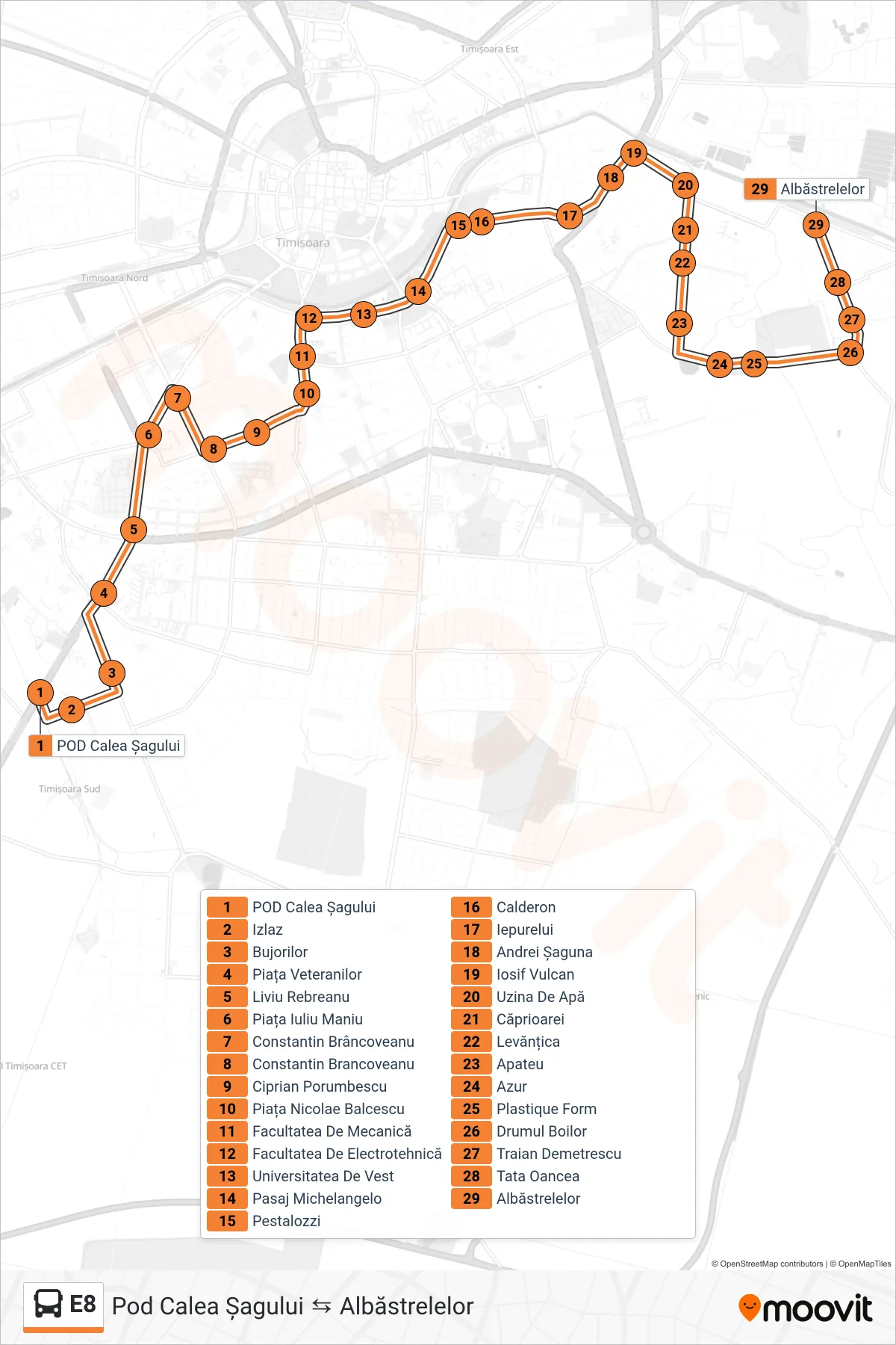 E8 bus Line (Pod Calea Șagului → Albăstrelelor) route and stops on a map