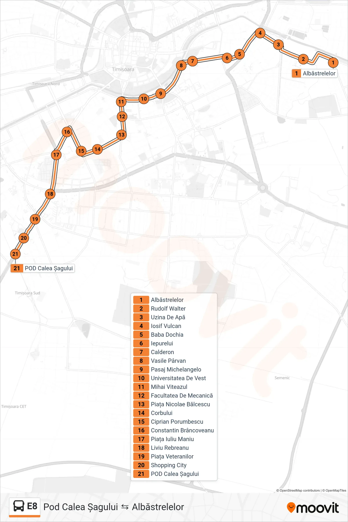 Linia autobuz E8 (Albăstrelelor → Pod Calea Șagului) - traseu și stații pe hartă