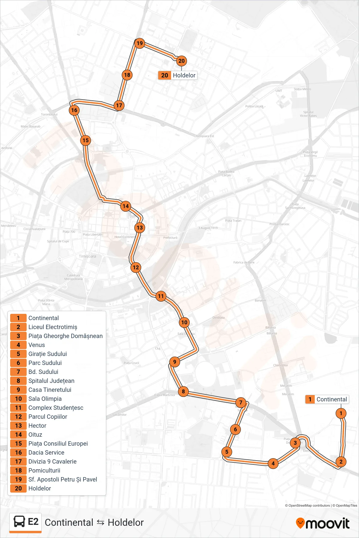 Linia autobuz E2 (Continental → Holdelor) - traseu și stații pe hartă