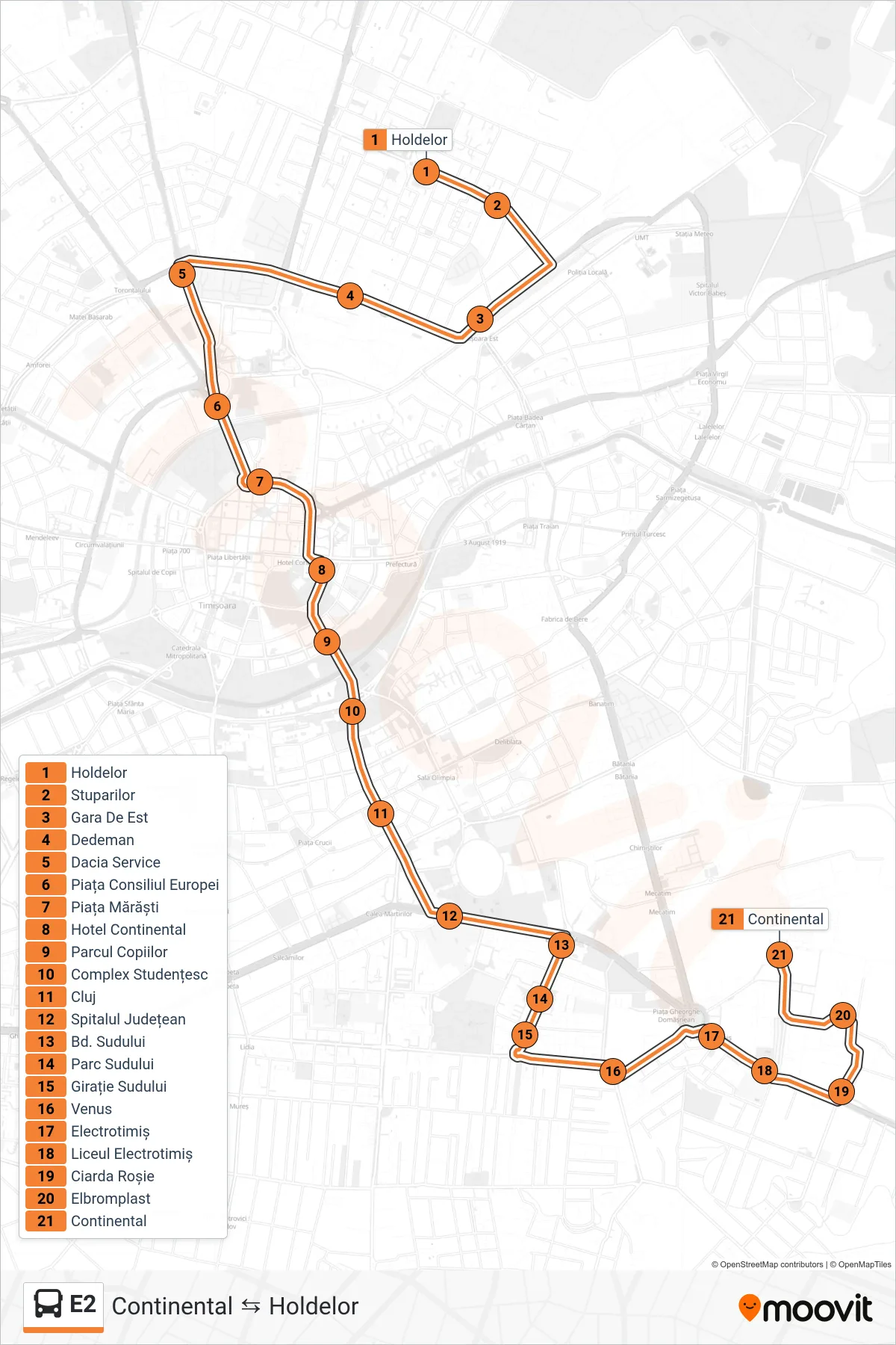 Linia autobuz E2 (Holdelor → Continental) - traseu și stații pe hartă