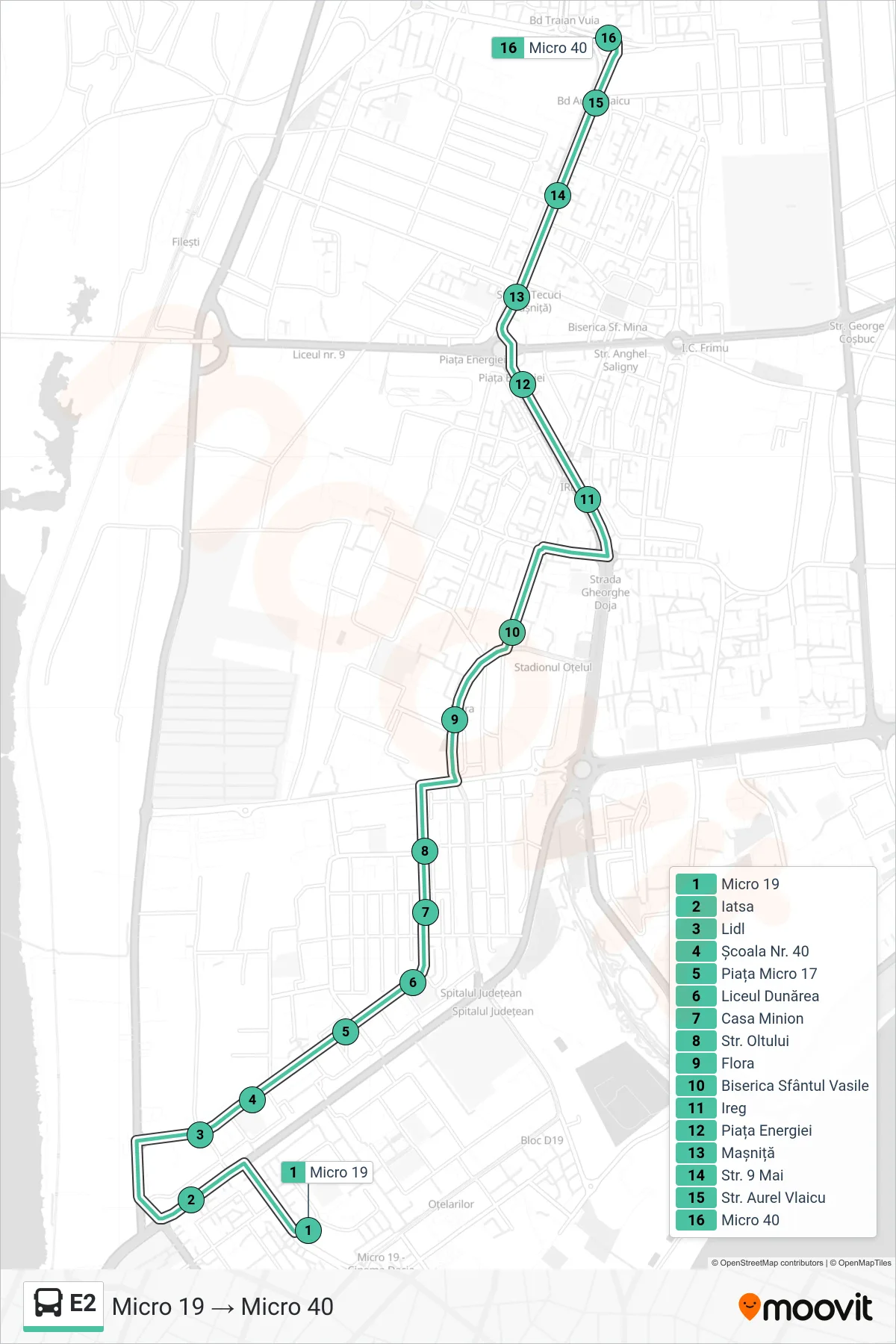 E2 bus Line (Micro 19 → Micro 40) route and stops on a map