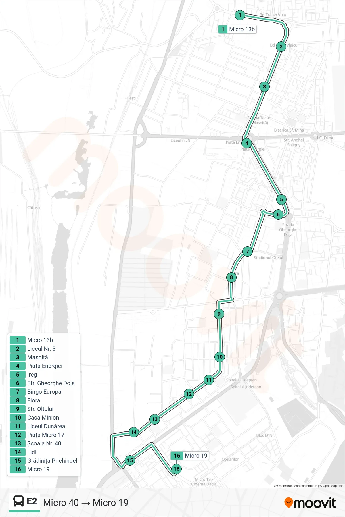 Linia autobuz E2 (Micro 40 → Micro 19) - traseu și stații pe hartă