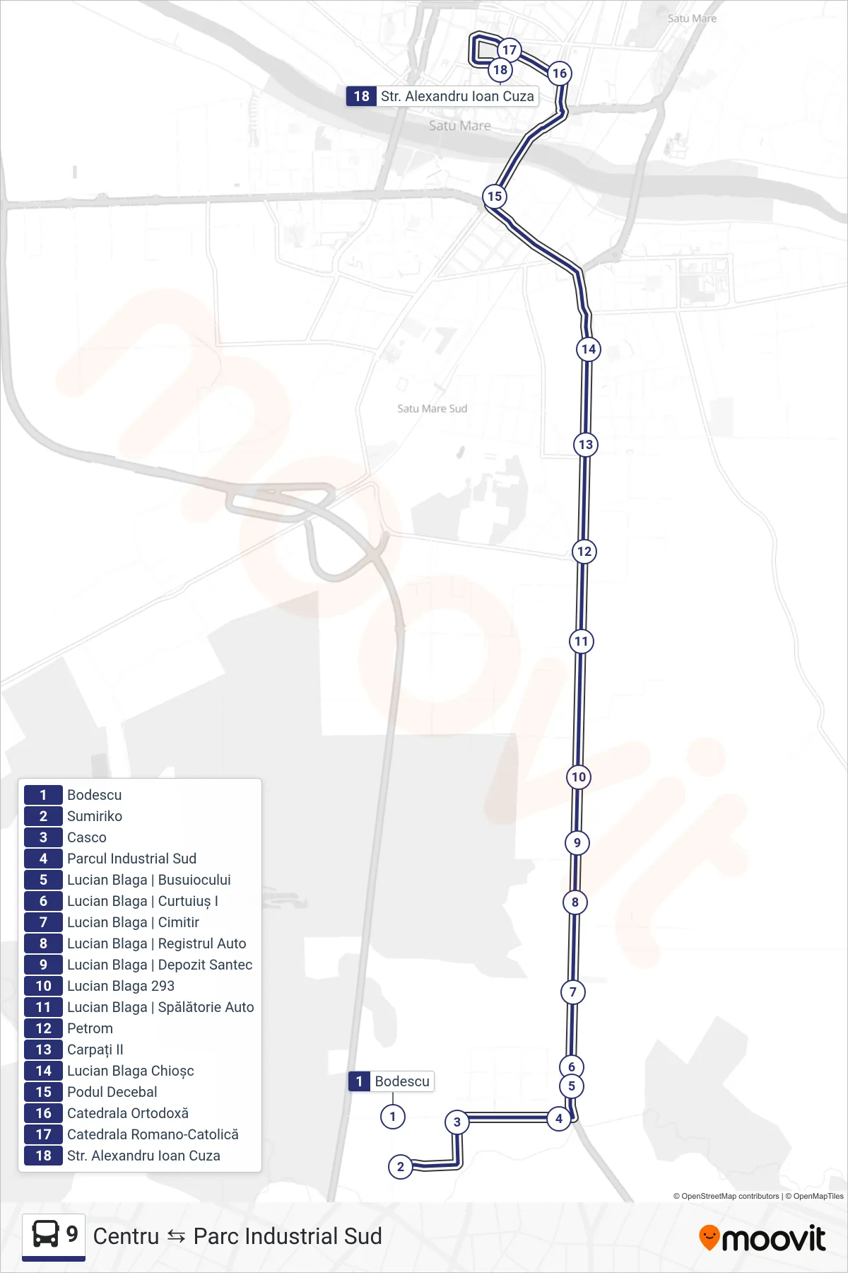 9 bus Line (Centru) route and stops on a map