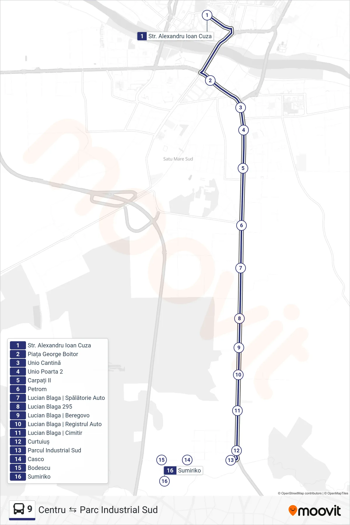 9 bus Line (Parc Industrial Sud) route and stops on a map