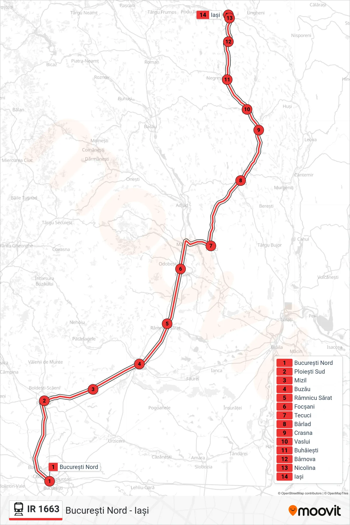 Linia tramvai IR 1663 (București Nord - Iași) - traseu și stații pe hartă