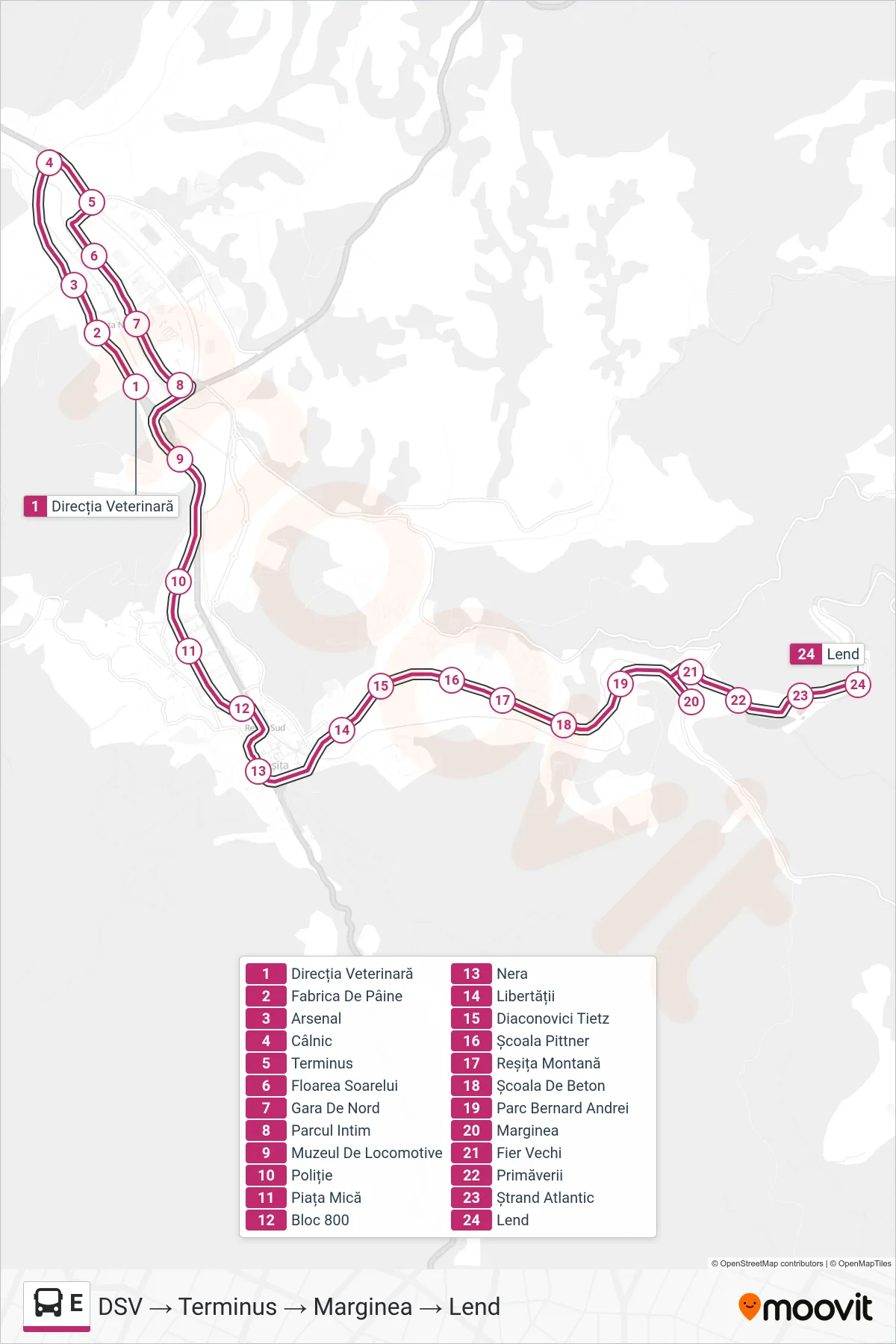 Linia autobuz E (DSV → Terminus → Marginea → Lend) - traseu și stații pe hartă