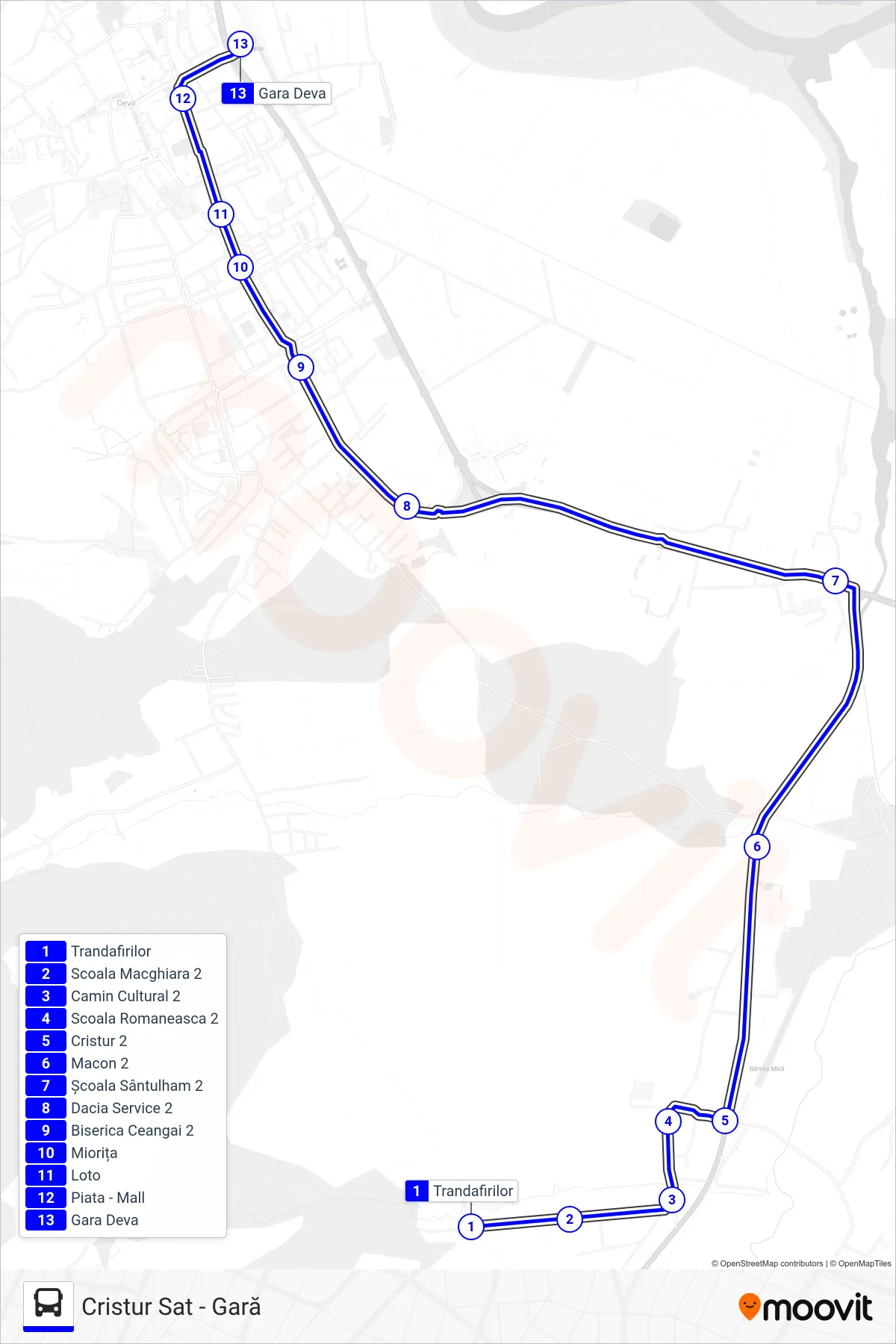 Linia autobuz 1 (Cristur Sat - Gară) - traseu și stații pe hartă