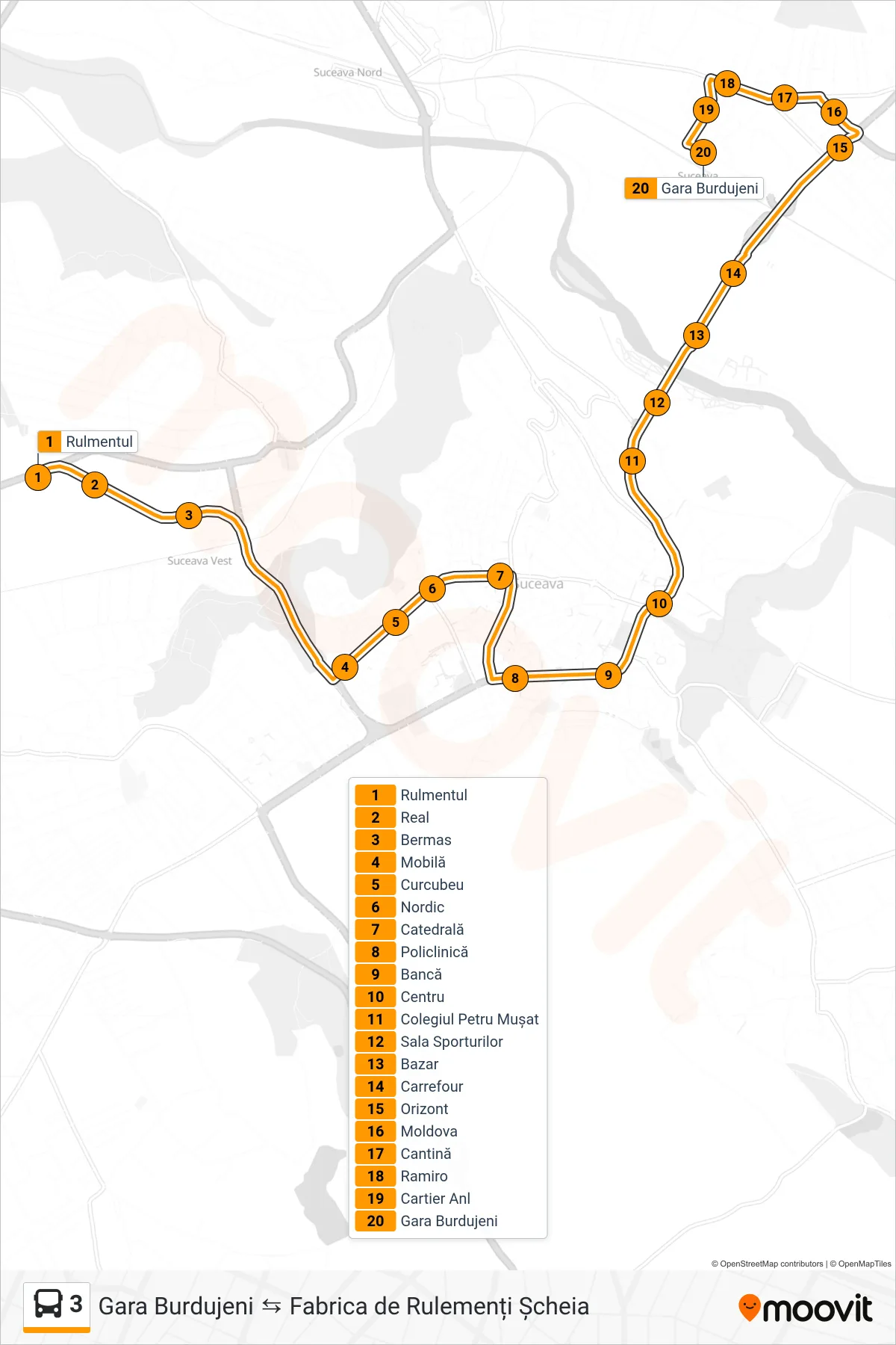 3 bus Line (Gara Burdujeni) route and stops on a map