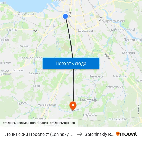 Ленинский Проспект (Leninsky Prospekt) to Gatchinskiy Rayon map