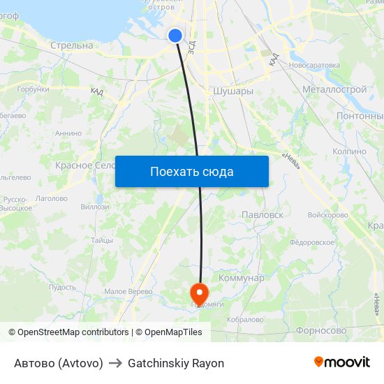 Автово (Avtovo) to Gatchinskiy Rayon map