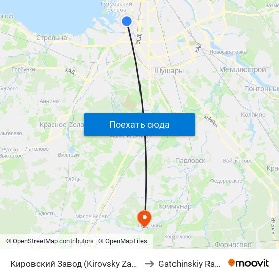 Кировский Завод (Kirovsky Zavod) to Gatchinskiy Rayon map