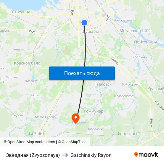 Звёздная (Zvyozdnaya) to Gatchinskiy Rayon map