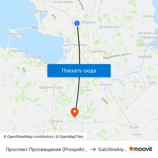 Проспект Просвещения (Prospekt Prosveschenya) to Gatchinskiy Rayon map