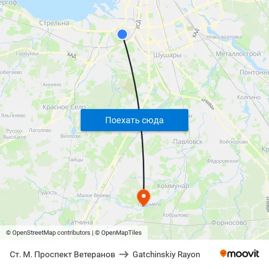 Ст. М. Проспект Ветеранов to Gatchinskiy Rayon map