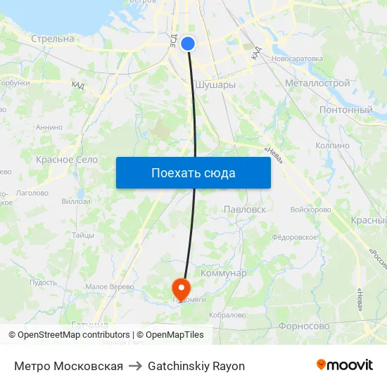 Метро Московская to Gatchinskiy Rayon map