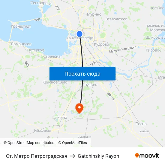 Ст. Метро Петроградская to Gatchinskiy Rayon map