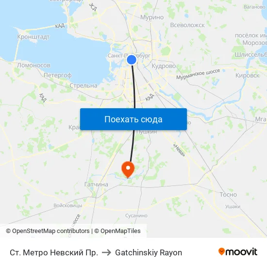 Ст. Метро Невский Пр. to Gatchinskiy Rayon map