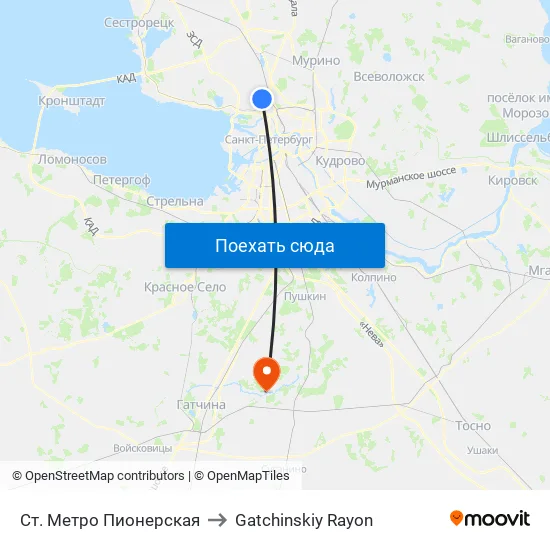 Ст. Метро Пионерская to Gatchinskiy Rayon map