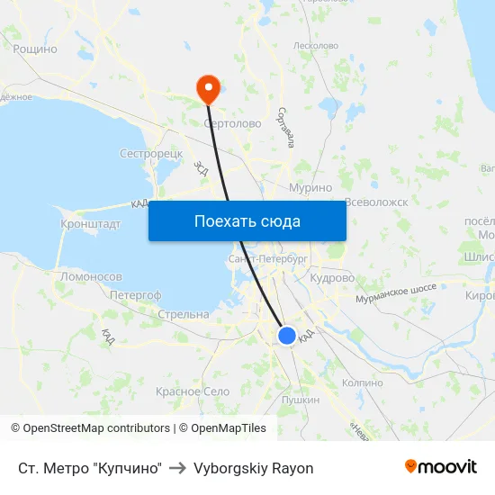 Ст. Метро "Купчино" to Vyborgskiy Rayon map
