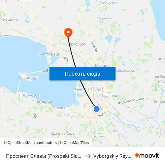 Проспект Славы (Prospekt Slavy) to Vyborgskiy Rayon map