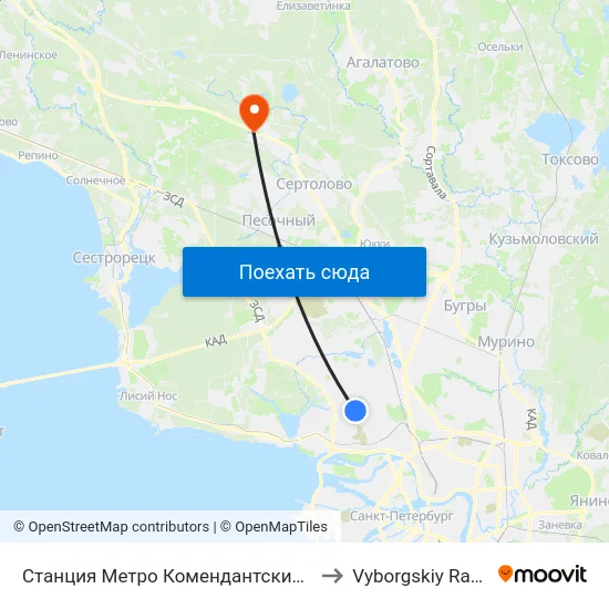 Станция Метро Комендантский Пр. to Vyborgskiy Rayon map