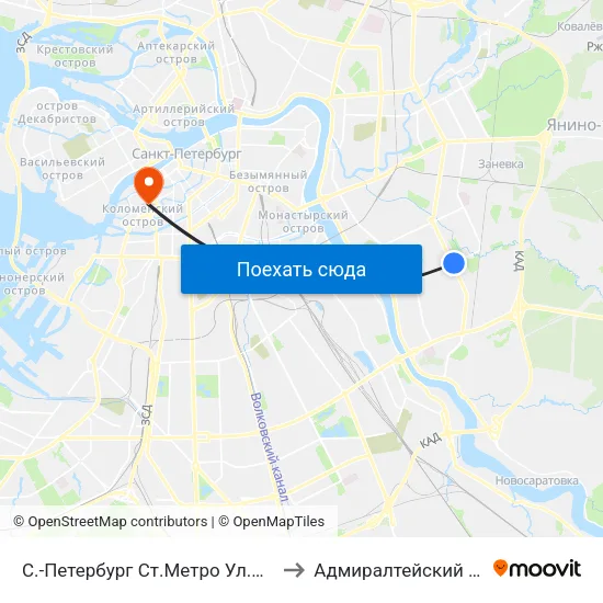 С.-Петербург  Ст.Метро Ул.Дыбенко to Адмиралтейский Район map