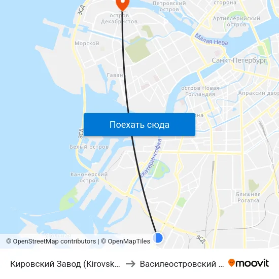 Кировский Завод (Kirovsky Zavod) to Василеостровский Район map