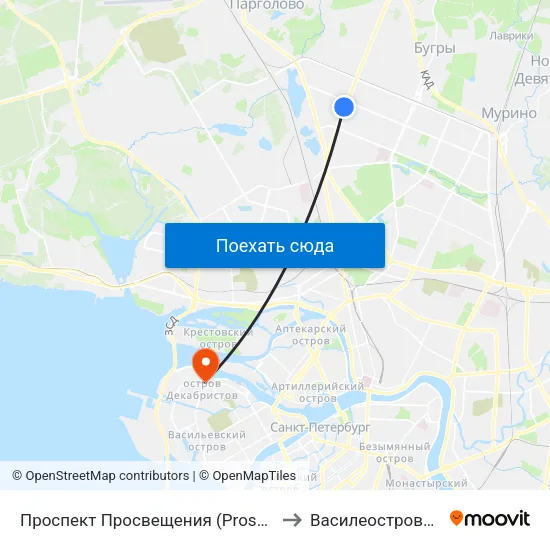 Проспект Просвещения (Prospekt Prosveschenya) to Василеостровский Район map