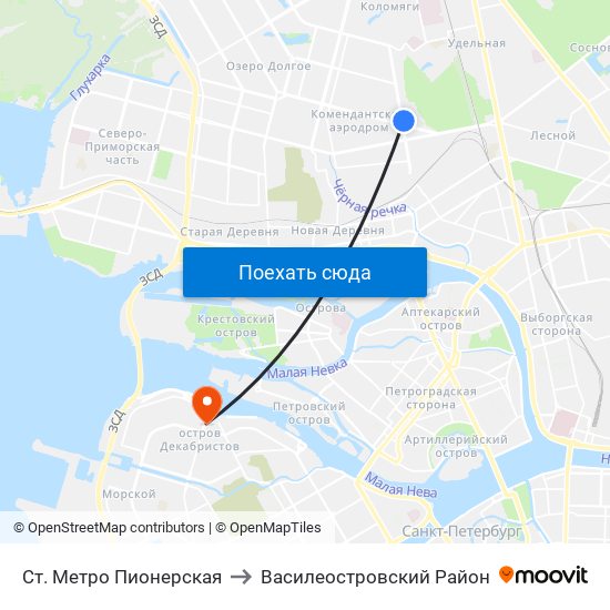 Ст. Метро Пионерская to Василеостровский Район map