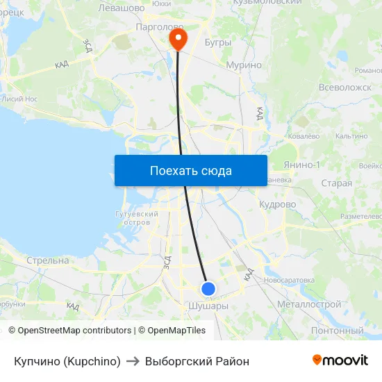 Купчино (Kupchino) to Выборгский Район map
